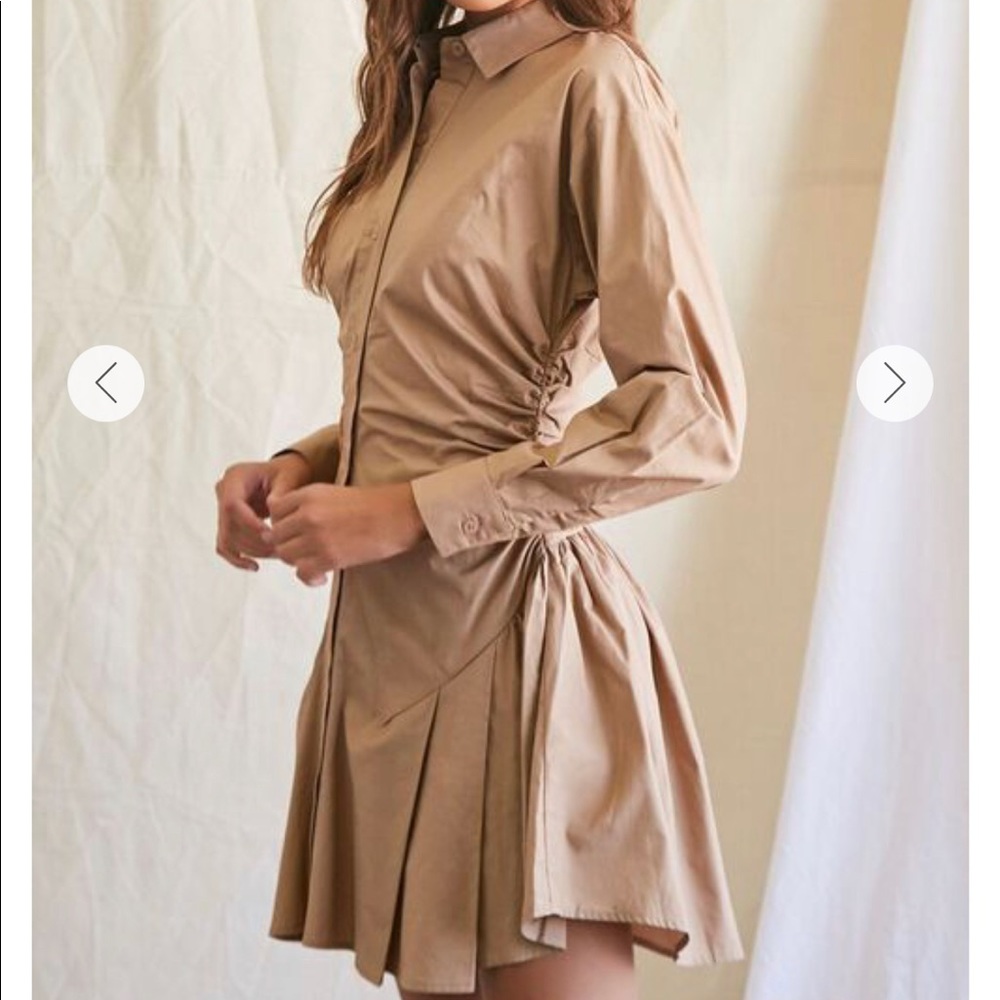 Forever 21 Avant Garde Khaki Tan Fit Flare Mini Shirt Dress S Pleated Ruched